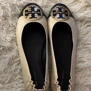 Tory Burch Black and Cream Flats with Gold Logo